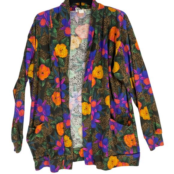 Mondiki Cardigan Jacket L Open Front Vibrant Floral Leopard Print Bold Color - Picture 1 of 5
